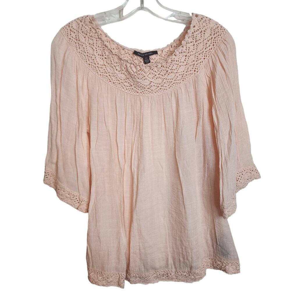 Zac & Rachel Light Pink/Peach Crochet Neck Top, Small